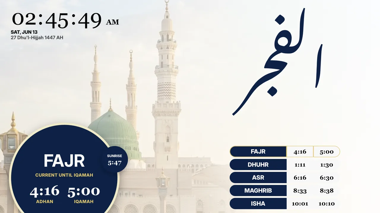 TV dashboard showing Fajr in Arabic calligraphy with adhan and iqamah times for the whole day over a view of the Prophet's Mosque