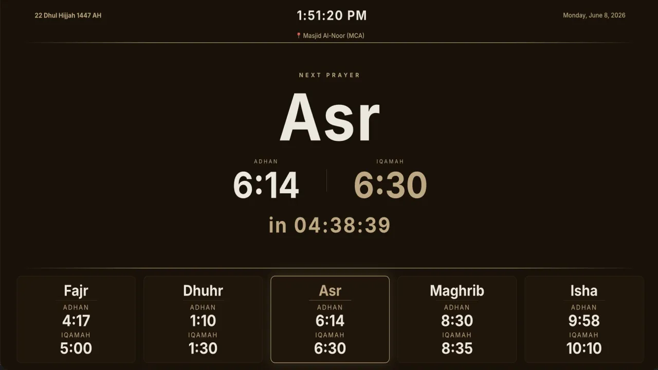 Warm dark TV layout centered on the next prayer with its adhan, iqamah, and countdown above a row of prayer time cards
